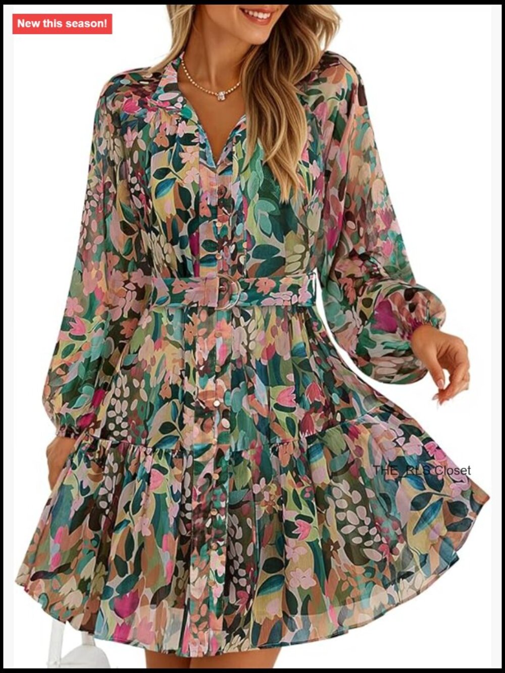 Long Sleeve Chiffon Mini Dress with Button Front and A-Line Swing